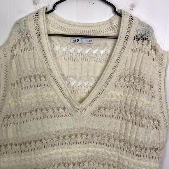 Zara Sweater Vest Womens Small Pointelle Knit Academia Oversized Deep V Neck - Picture 3 of 7